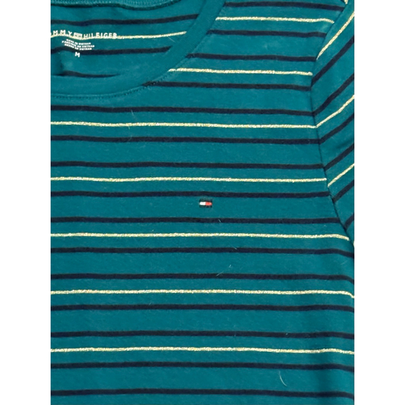 Tommy Hilfiger Women’s Striped T-Shirt Size M Green/Gold Short Sleeve Logo Tee - Picture 6 of 7